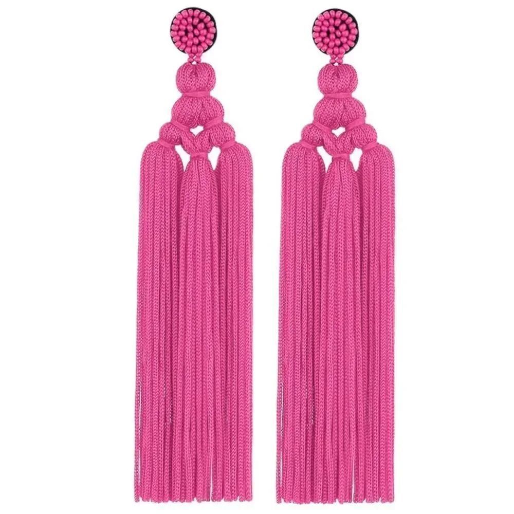Long Pink Hand Woven Tassel Knot Fringe Boho Dangling Drop Post Back Earrings